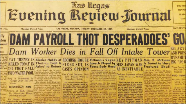  ?? HENRY BREAN/LAS VEGAS REVIEW-JOURNAL ?? The Dec. 20, 1935, edition of the Las Vegas Evening Review-Journal reports on the death earlier that day of Hoover Dam constructi­on worker Patrick Tierney. The newspaper is now part of the archive at the Nevada State Museum in Las Vegas.