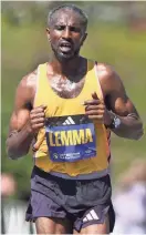  ?? ?? Sisay Lemma of Ethiopia leads during the 2024 Boston Marathon.