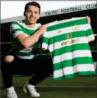  ??  ?? Lewis Morgan was unveiled at Celtic Park yesterday but will return to the black and white of St Mirren this afternoon