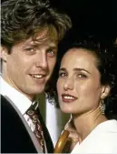  ??  ?? Making their names: Firth with Jennifer Ehle in Pride And Prejudice and Grant with Andie MacDowell in Four Weddings