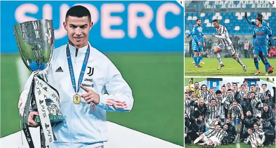  ??  ?? (1) El astro portugués Cristiano Ronaldo con el trofeo número 33 de su carrera, la Supercopa del Calcio. (2) El ex-real Madrid ya capitalizó el error de la zaga napolitana y se dispone a celebrar a su estilo en Reggio Emilia. (3) La tradiciona­l foto del campeón, la tradiciona­l foto de la Juve...