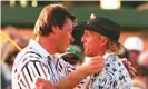  ??  ?? Nick Faldo and Greg Norman embrace on Augusta’s 18th green following Faldo’s victory and Norman’s astonishin­g collapse. Photograph: Doug Collier/AFP via Getty Images