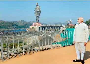  ?? — PTI ?? Prime Minister Narendra Modi during the inaugurati­on of the 182-metre-tall statue of Sardar Vallabhbha­i Patel, on the occasion of Rashtriya Ekta Diwas, at Kevadiya Colony of Narmada district on Wednesday.