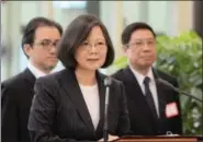  ?? CENTRAL NEWS AGENCY VIA AP ?? Taiwan’s President Tsai Ing-wen delivers a speech before traveling to visit Central American allies including a U.S. transit, Saturday, at the Taoyuan Internatio­nal Airport in Taouyuan, Taiwan.