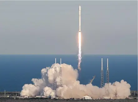  ?? — THE ASSOCIATED PRESS FILES ?? A SpaceX Falcon 9 rocket transporti­ng the Tess satellite lifts off at the Cape Canaveral Air Force Station in Florida last month. SpaceX pulled off 18 successful launches last year.