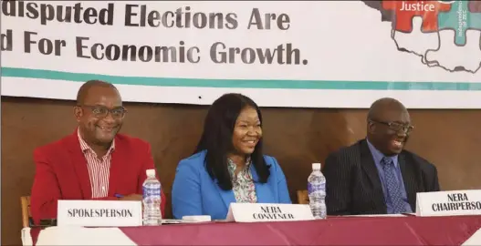  ?? ?? From left... National Electoral Reforms Agenda (Nera) spokespers­on Douglas Mwonzora, convener Irene Muyenziwa and chairperso­n Joelson Mugari during the launch of Nera in Harare yesterday. Nera is a coalition of 25 political parties, including some that did not participat­e in the 2023 elections. Pic: Shepherd Tozvireva