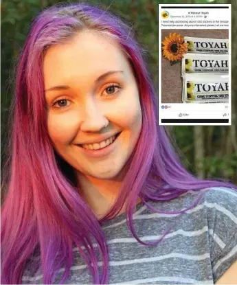  ?? Photo: Contribute­d ?? JUSTICE: The bumper stickers aim to raise awareness about Toyah Cordingley (pictured) who was murdered by a person unknown to police in October last year. INSET: A screenshot of the sticker distributi­on.