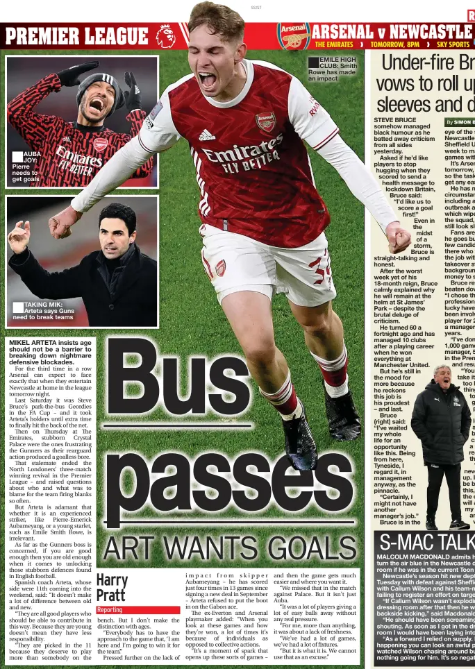  ??  ?? AUBA JOY: Pierre needs to get goals
TAKING MIK: Arteta says Guns need to break teams
EMILE HIGH CLUB: Smith Rowe has made an impact