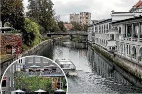  ??  ?? A sightseein­g boat travels along the Ljubljanic­a River in Ljubljana, Slovenia, far more peaceful than the canals of Amsterdam, inset.