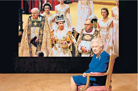  ??  ?? The Queen, against a backdrop of her 27-year-old self during the coronation, for the BBC programme which will be shown in the UK and the US