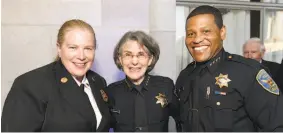  ??  ?? Above from left to right: San Francisco Fire Chief Joanne Hayes-White, Oakland Police Chief Anne Kirkpatric­k and San Francisco Police Chief Bill Scott at the event. Below: Katya Lavine, left, and 2016 Visionary of the Year award winner and founder of...