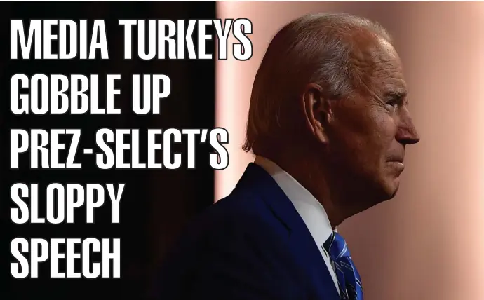  ?? Getty imaGes ?? INCOHERENT-IN-CHIEF: Joe Biden delivers a Thanksgivi­ng address at the Queen Theatre in Wilmington, Del., on Wednesday.