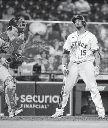  ?? Photos by Karen Warren / Staff photograph­er ?? Astros catcher Martin Maldonado reacts after striking out for the last out. Maldonado struck out twice and went 1-for-4 as the Astros struggled at the plate against Frankie Montas and the A’s on Saturday.