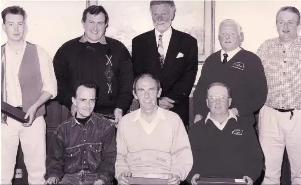  ??  ?? Derryhale golf society, runners-up in a Killin golf club societies league in the early nineties. Back-row, Ian Humston, Richard Sheehy, Derek Bell (Killinbeg), Eamonn Flood, Eddie McArdle. Front-row, Donal Hughes, Liam Daly, Adrian Fegan.