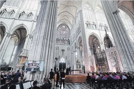  ?? BENOIT TESSIER THE ASSOCIATED PRESS ?? Prince William, centre, speaks at the Cathedral of Amiens in France on Wednesday, during a ceremony to mark the 100th anniversar­y of the First World War Battle of Amiens. The battle is said to have convinced the Germans that the war was unwinnable.