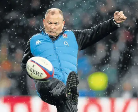  ?? Picture: DAVID ROGERS/RFU/VIA GETTY IMAGES ?? TAKING IT SERIOUSLY: England head coach Eddie Jones kicks a rugby ball before the Test against New Zealand at Twickenham Stadium in London at the weekend. England face Jones’s former team Japan at Twickenham on Saturday