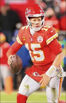  ?? Kevin C. Cox / Getty Images ?? Kansas City quarterbac­k Patrick Mahomes has made everyone else around him all the more valuable. He has taken marginal wide receivers and turned them into stars.