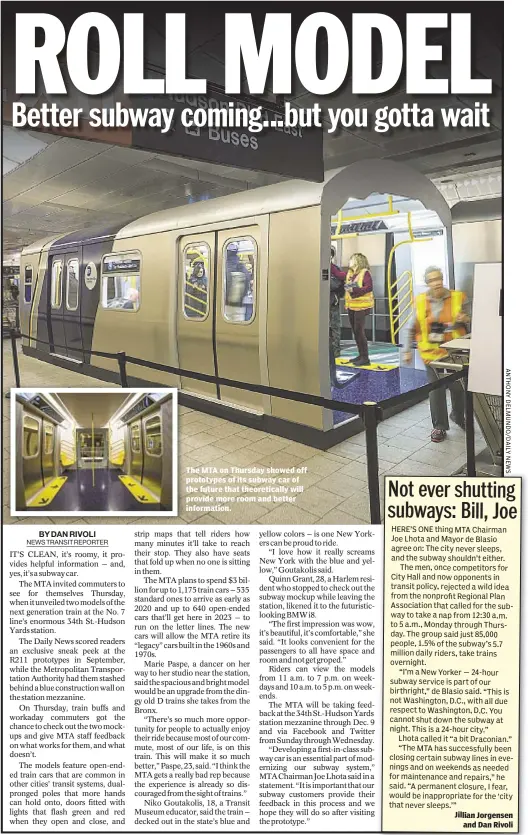  ??  ?? The MTA on Thursday showed off prototypes of its subway car of the future that theoretica­lly will provide more room and better informatio­n.