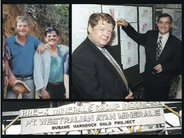  ?? HANDOUTS ?? The Bre-X scandal’s main characters: Top left, geologists John Felderhof and Michael de Guzman; top right, David Walsh, president of Bre-X and Felderhof. Above, the entrance to the camp in Busang, Indonesia.