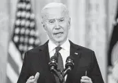  ?? Evan Vucci / Associated Press ?? “We’re moving in the right direction,” President Joe Biden said Monday as the Treasury began giving out $350 billion in aid. “Our economic plan is working.”