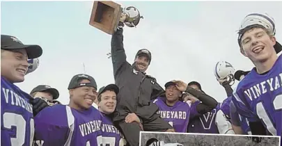  ?? PHOTOS COURTESY OF VINEYARD GAZETTE ?? HAPPIER TIMES: Martha’s Vineyard players celebrate their victory last season against Nantucket in the Island Cup, a rivalry that dates back generation­s, including a 25-0 Nantucket win in 1981 (right). This year’s game will not be played because of a...