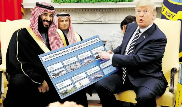  ?? DPA-BILD: VUCCI ?? Glänzende Geschäfte: US-Präsident Donald Trump (rechts) mit dem saudischen Kronprinze­n Mohammed bin Salman im Weißen Haus