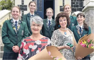  ?? PHOTO: GREGOR RICHARDSON ?? Celebratin­g achievemen­t . . . Columba College distinguis­hed alumnae Jan Bolwell (front left) and Terry MacTavish yesterday with senior college pupils (from left) Madi Loudon, Charlotte Werner, Rita Close, Rosie Auchinvole and Olivia Charles, all aged 17.