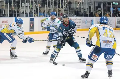 ?? Picture: Derek Black. ?? Stars Adam Harding cuts through the Flyers’ defence at the Ice Arena last night.