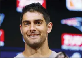  ?? AP PHOTO — MARY SCHWALM, FILE ?? In this Aug. 10 photo Patriots quarterbac­k Jimmy Garoppolo, takes part in practice in Foxborough, Massachuse­tts. Garoppolo was traded to the 49ers Monday.