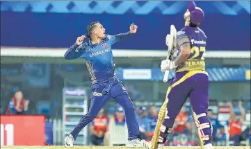  ?? BCCI ?? Rahul Chahar brought MI back in the match with a 4/27 against KKR in Chennai on Tuesday. He got Nitish Rana with his last delivery.