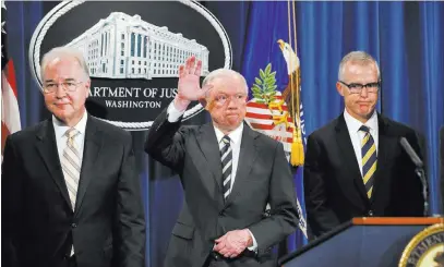  ?? Jacquelyn Martin ?? The Associated Press From left, Health and Human Services Secretary Tom Price, Attorney General Jeff Sessions, and Acting FBI Director Andrew Mccabe leave a news conference about opioid addiction Thursday at the Justice Department in Washington.