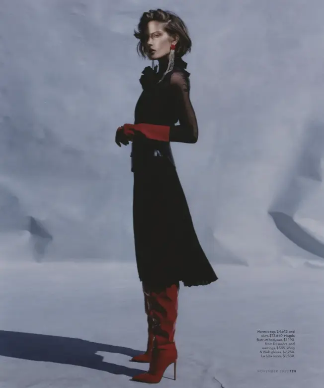  ?? ?? Hermès top, $4,615, and skirt, $13,640. Magda Butrym bodysuit, $1,190, from Désordre, and earrings, $585. Wing & Weft gloves, $2,250. Le Silla boots, $1,530.