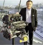  ??  ?? Left: Hans Mezger with the TAG turbo engine he designed for Mclaren