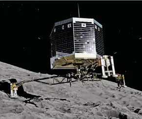  ?? FOTO: ESA/ATG MEDIALAB/DPA ?? Der Screenshot aus einem Video zeigt die simulierte Landung von „Philae“auf dem Zielkomete­n Tschurjumo­w-Gerassimen­ko.