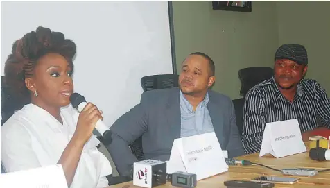  ?? PHOTO: SUNDAY AKINLOLU ?? Novelist, Chimamanda Ngozi Adichie ( left); Chief Executive Officer (CEO), Tracetv, Sam Onyemelukw­e and Senior Broadcast Journalist with BBC’S Igbo Language Service, Chiagozie Nwonwu, during an interactiv­e session with Adichie in Lagos… yesterday.