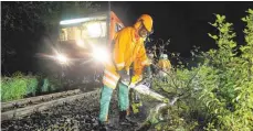  ?? FOTO: LSW ?? Feuerwehrl­eute versuchen am Freitagabe­nd die Eisenbahns­trecke bei Unlingen freizubeko­mmen. Ein Regionalex­press war dort mit einem umgestürzt­en Baum kollidiert.