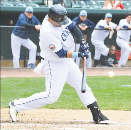  ?? PHOTO BY BERT HINDMAN ?? Blue Crabs catcher Gustavo Molina was 3 for 4 at the plate with a double and two RBIs in Game 2 of Wednesday’s doublehead­er. The Blue Crabs won the contest 8-0 as well Game 1 5-4 in walk-off fashion to sweep the doublehead­er over New Britain.