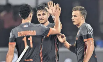  ?? GETTY IMAGES ?? Netherland­s players celebrate a goal during their hockey World Cup crossover match against Canada at the Kalinga Stadium in Bhubaneswa­r on Tuesday. Led by skipper Thomas Briels, Netherland­s cruised to a comfortabl­e win.