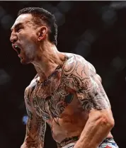  ?? Ellen Schmidt/Associated Press ?? Max Holloway celebrates after knocking out Justin Gaethje during a UFC 300 mixed martial arts lightweigh­t bout Saturday in Las Vegas.