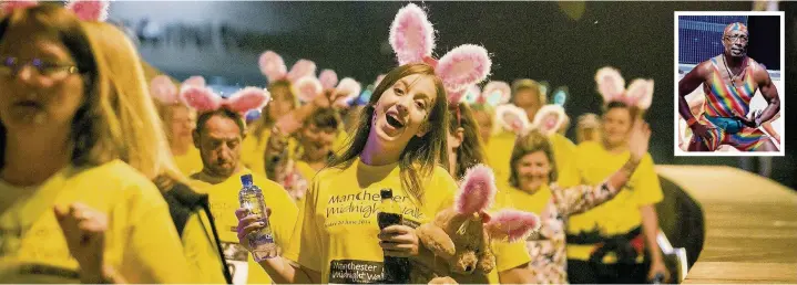  ??  ?? A scene from last year’s midnight walk which raises funds for St Ann’s Hospice and, inset, TV’s Mr Motivator who will help participan­ts warm up before the event