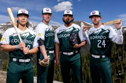  ?? Colorado Rockies Photo provided by the ?? From left, Connor Joe, Kyle Freeland, German Marquez and Ryan Mcmahon show off the new City Connect uniforms set to debut in a June 4 home game against the Atlanta Braves.