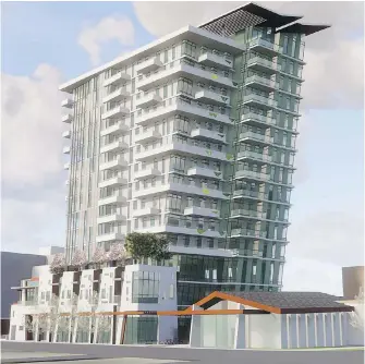  ??  ?? Tilting design of the 15-storey tower is shown from a southeast street view at 1400 Vancouver St. Below, the John Di Castri-designed chapel is shown along side the new building.