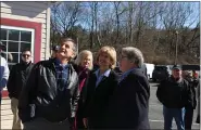  ??  ?? Gazing skyward are, from left, PA State Representa­tive, Mark Gillen, PA State Senator, Judy Schwank. Standing to their right is Patriotic Order Sons of America, National Trustee, Larry Graeff. A flagpole and flag dedication ceremony was held Saturday afternoon at Mangia! Italian Restaurant and Pizzeria in Cumru Township.