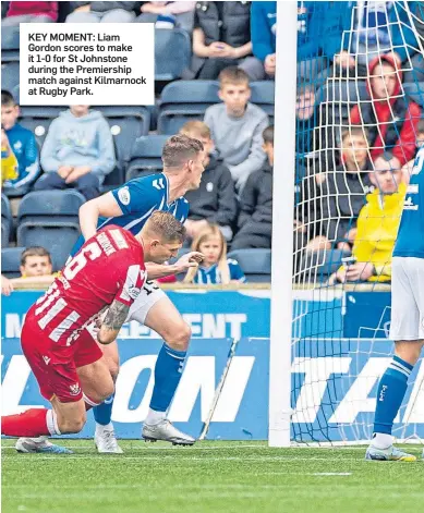  ?? ?? KEY MOMENT: Liam Gordon scores to make it 1-0 for St Johnstone during the Premiershi­p match against Kilmarnock at Rugby Park.