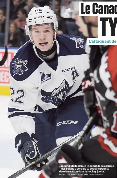  ??  ?? Joueur d’utilité depuis le début de sa carrière, Tyler Boland a sorti de sa coquille pour sa dernière saison dans le hockey junior.