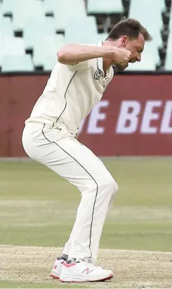  ?? LEON LESTRADE African News Agency ?? DALE Steyn celebrates taking one of his four wickets for South Africa in Sri Lanka’s first innings at Kingsmead. The Proteas spearhead was at his brutal best yesterday as the home side took control of the Test match. |