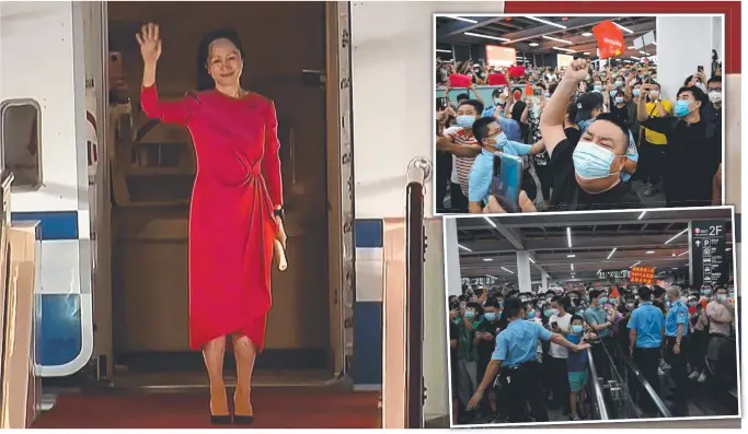  ?? ?? Meng Wanzhou lands in Shenzhen (main) as huge crowds of local residents and Huawei employees gather to welcome her home. Pictures: China Central Television, AFP