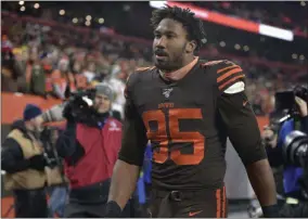  ?? DAVID RICHARD - THE ASSOCIATED PRESS ?? Cleveland Browns defensive end Myles Garrett walks off the field after he was ejected late in the fourth quarter of an NFL football game against the Pittsburgh Steelers, Thursday, Nov. 14, 2019, in Cleveland. The Browns won 21-7.