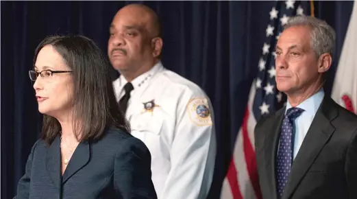  ?? COLIN BOYLE/SUN-TIMES ?? Illinois Attorney General Lisa Madigan, Chicago Police Supt. Eddie Johnson and Mayor Rahm Emanuel announce Friday the completion of a draft federal consent decree to reform the Chicago Police Department.