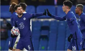  ?? Photograph: Ben Stansall/AFP/Getty Images ?? Jorginho celebrates scoring Chelsea’s equaliser with Kai Havertz in their Champions League match against Krasnodar.